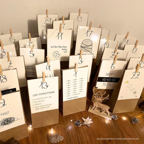 Adventskalender zum Basteln | 24 Geschenktüten zum befüllen | Weihnachtskarten mit Zahlen lustig | Adventskalender Kraftpapiertüten | DIY