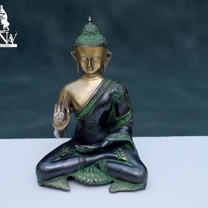 Brass Buddha statue, 28 CM Green Antique budha Statue, Lord Buddha Figurines, Lord Buddha Idol, Buddha for Temple, Home, Corner, Office Décor