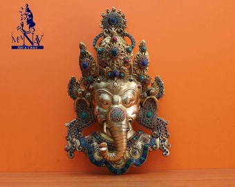 Cara de Ganesha de latón - 40 CM, Cara de Ganesh colgante en latón, Estatuilla de Ganesh, Ganesha para un nuevo comienzo, hogar, decoración, esquina, entrada, regalos.