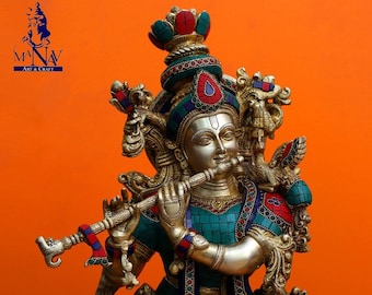 Megnisifent Brass Krishna statue- 75 CM Brass Krishna Statue, Big Krishna Idol, Krishna statue for Temple, Corner, Gifts, Entrance, decor.