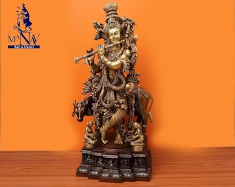 真鍮製 23インチ クリシュナ神像（黒または茶色、真鍮仕上げ） 手作り