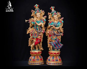 Radha Krishna-beeld van messing - 72 CM Radha Krishna-idool van messing, groot formaat Radha Krishna voor tempels, decoratie, hoeken, geschenken en pooja's.