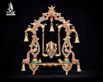Estatua de latón de Ganesha, ídolo de 36 cm, Señor Ganpati de latón, ídolo de Ganesha oscilante, jhula Ganesha para el hogar, templo, decoración, regalo, nuevo comienzo