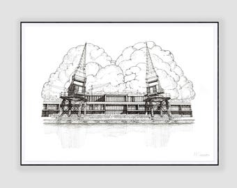 M Shed & Cranes, Bristol – Black and White Urban Sketch Art Print