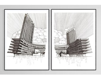 Barbican Perspectives: A Two-Frame Architectural Sketch in Black & White