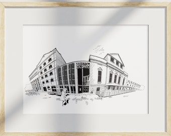 Bristol Old Vic Theatre Print, King Street, Black and White Architecture Drawing
