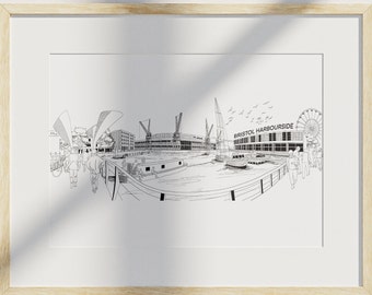Bristol Harbourside Art Print, Black and White Illustration