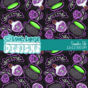 Gruseliges Halloween nahtloses digitales Muster | Kessel, Zaubertränke & Fledermäuse | 12x12 ”300 DPI Datei