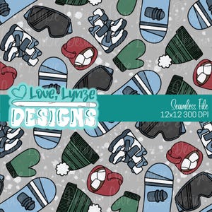 Peut inclure: Motif sans couture avec des équipements de sports d'hiver, comprenant des snowboards, des lunettes, des moufles et des bonnets dans des tons de bleu, vert, rouge et noir sur fond gris. Le texte "Love, Lynze DESIGNS" est visible.