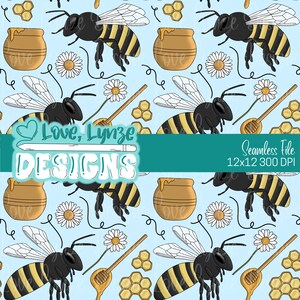 Bee and Honey Digital Seamless Pattern | Light Blue Background | Honeycomb, Honey Pot, Daisy Clipart | 300 DPI Sublimation File