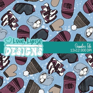 May include: Seamless pattern featuring winter sports gear, including goggles, boots, mittens, hats, and mugs of hot chocolate, in shades of burgundy, gray, and beige on a light blue background. The text "Love, Lynze DESIGNS" is also present.