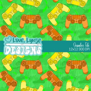 May include: Seamless pattern featuring orange and yellow game controllers on a green background. The design includes the text "Love, Lynze DESIGNS" and "Seamless File 12x12 300 DPI".