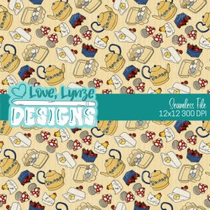 Puede incluir: Patrón sin costuras con ilustraciones de teteras, setas, pollos y alimentos. El diseño incluye el texto "Love, Lynze DESIGNS" y "Seamless File 12x12 300 DPI" sobre un fondo amarillo claro.