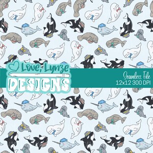 May include: A repeating pattern of cartoon marine creatures, such as orcas, beluga whales, narwhals, and seals, wearing hats and bow ties. The design is on a pale blue backdrop, with the text "Love, Lynze DESIGNS" and "Seamless File 12x12 300 DPI".