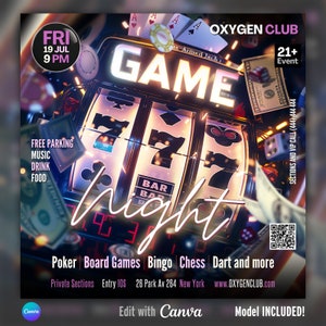 EDITABLE Canva Game Night Flyer, Club Flyer, Night Club, Adult Event Flyer, Game Invitation, Poker, Bingo, Chass, Casino Night flyer