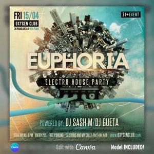 May include: A flyer for an electronic dance music event called "Euphoria: Electro House Party" featuring DJs Sash and Guetta. The flyer is set against a background of a 3D globe made of buildings. The event is scheduled for Friday, 15th April at Oxygen Club in New York City.
