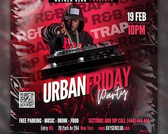 May include: A flyer for an Urban Friday party at Oxygen Club. The flyer features a DJ in front of a DJ mixer, with the text "Urban Friday Party" in large white letters. The flyer also includes the date and time of the event, as well as the address and website of the club.
