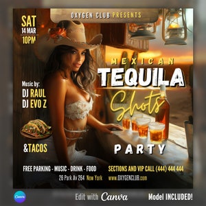 EDITABLE Canva Flyer, Night Club Flyer, Tequila Party Flyer, Tacos, Adult Dance Event, DJ Party Invitation, Girls, Latino party, DIY Flyer