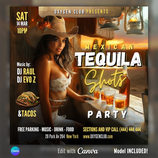 EDITABLE Canva Flyer, Night Club Flyer, Tequila Party Flyer, Tacos, Adult Dance Event, DJ Party Invitation, Girls, Latino party, DIY Flyer