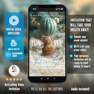 May include: A digital video invitation for a baby shower with a blue and white hot air balloon, a teddy bear in a basket, and clouds. The text on the invitation says "Baby Shower" and "Please join us in honoring Tasha & Mark Dec 20 | 5 PM Smiths residence 26 Park St / New York Please confirm your attendance with Tasha at tashasmith@mail.com".
