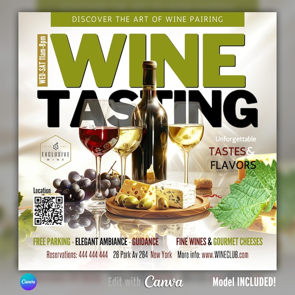 EDITABLE Canva Flyer, Wine Pairing, Wine tasting Flyer, Cheese, Wine event, event Invitation, social event, winery, wine shop, DIY Flyer