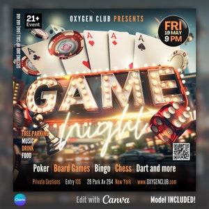Flyer Canva EDITÁVEL para noite de jogo, flyer para clube, boate, flyer para evento adulto, convite para jogo, pôquer, bingo, chass, flyer para noite de cassino