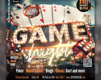 EDITABLE Canva Game Night Flyer, Club Flyer, Night Club, Adult Event Flyer, Game Invitation, Poker, Bingo, Chass, Casino Night flyer