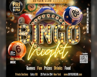 May include: A flyer for a bingo night at Oxygen Club. The flyer features a large, glowing neon sign that says "Bingo Night". The sign is surrounded by colorful bingo balls. The flyer also includes the date and time of the event, as well as the location and contact information. The flyer is decorated with a festive, glittery background.