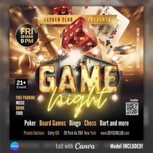 Flyer Canva EDITÁVEL para noite de jogo, flyer para clube, boate, flyer para evento adulto, convite para jogo, pôquer, bingo, chass, flyer para noite de cassino