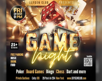 EDITABLE Canva Game Night Flyer, Club Flyer, Night Club, Adult Event Flyer, Game Invitation, Poker, Bingo, Chass, Casino Night flyer