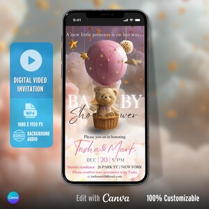 Può includere: Invito video digitale per un baby shower su smartphone. Il design presenta una mongolfiera rosa, un orsacchiotto in un cestino e i dettagli dell'evento. Il testo dice "Baby Shower". L'invito è personalizzabile.
