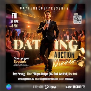 Folleto de subasta de citas editable, plantilla DIY, evento de citas, evento para solteros, cena de citas, cita a ciegas, evento de club, plantilla para redes sociales