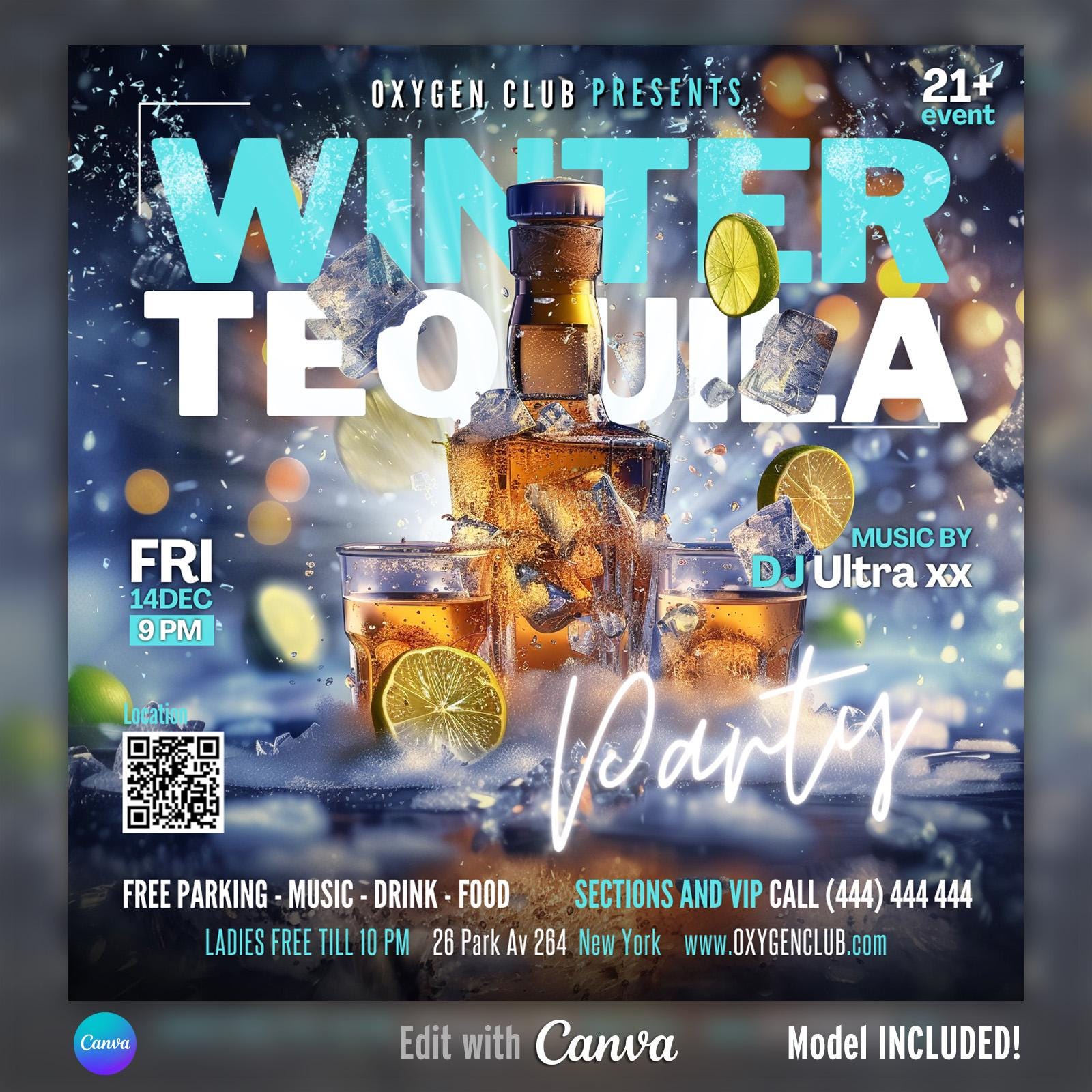 EDITABLE Canva Night Club Flyer, Winter Tequila Party Flyer, Festive, Adult Event, DJ Party Invitation, Girls, Latino party, DIY Flyer, Bar