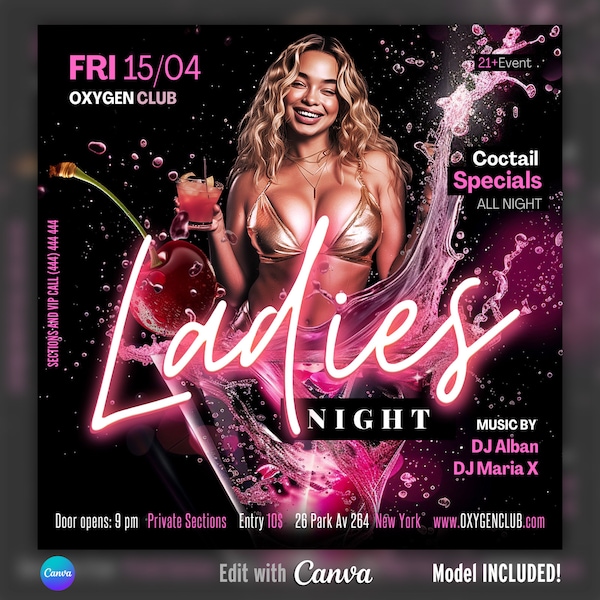 EDITABLE Canva Ladies Night Flyer, DIY Template, Night Club Event, Adult event, Dj event,  Girls Party, Club Event, Social media template