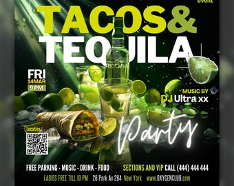 EDITABLE Canva Flyer, Night Club Flyer, Tequila Party Flyer, Tacos, Adult Dance Event, DJ Party Invitation, Girls, Latino party, DIY Flyer
