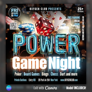 EDITABLE Canva Game Night Flyer, Club Flyer, Night Club, Adult Event Flyer, Game Invitation, Poker, Bingo, Chass, Casino Night flyer