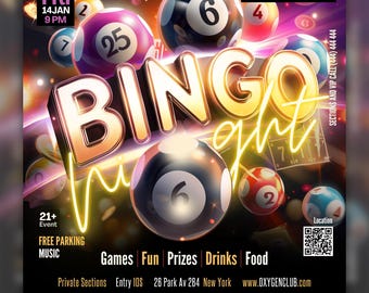 EDITABLE Canva Bingo Night Flyer, Club Flyer, Night Club, Adult Event Flyer, Bingo Invitation, Church Bingo, Board Games, Casino Night flyer