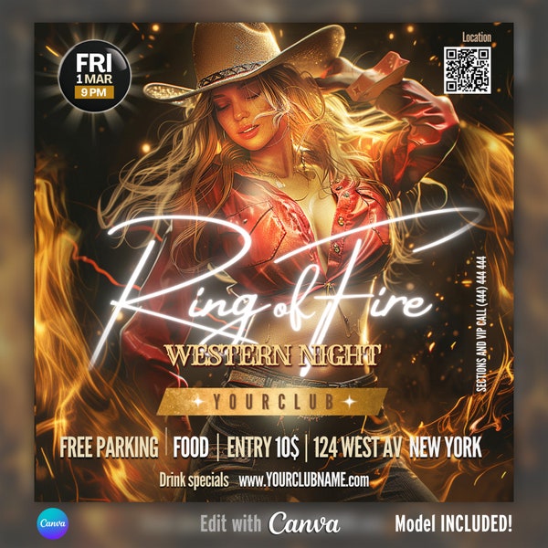 EDITABLE Canva Country Party Flyer, DIY Template, Night Club Event, Country Music, Dj event,  Western Party, Club Event, Social media