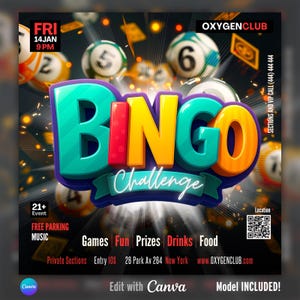 1EDITABLE Canva Bingo Challenge Flyer, Club Flyer, Club, Adult Event Flyer, Bingo Invitation, Church Bingo, Board Games, Casino Night flyer