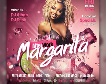 May include: Pink and white promotional flyer for Oxygen Club's After Work Margarita event. Features a woman with blonde dreadlocks, a cocktail, ice cubes, and the text "Margarita." Includes event details: Friday, June 19, 9 PM, and "Cocktail Specials All Night."