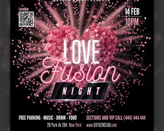 Può includere: Un volantino nero e rosa con un cuore fatto di cuori rosa. Il testo sul volantino recita "OXYGEN CLUB PRESENTS LOVE Fusion NIGHT 14 FEB 10PM FREE PARKING - MUSIC - DRINK - FOOD SECTIONS AND VIP CALL (444) 444 444 26 Park Av 264 New York www.OXYGENCLUB.com Edit with Canva Model INCLUDED!"