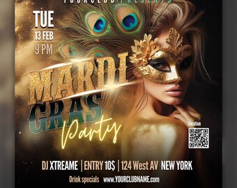 May include: A Mardi Gras party flyer with a woman wearing a gold mask and a peacock feather headdress. The flyer says "Mardi Gras Party" and includes the date, time, DJ name, entry price, location, and website.