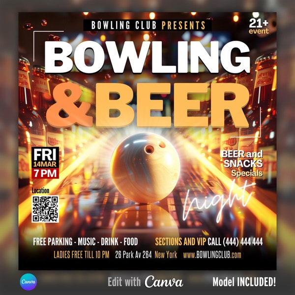 EDITABLE Canva Bowling Night Flyer, Club Flyer, Bowling Club, Championship, Invitation, Beer and Bowling, Tournament, Bowling Alley