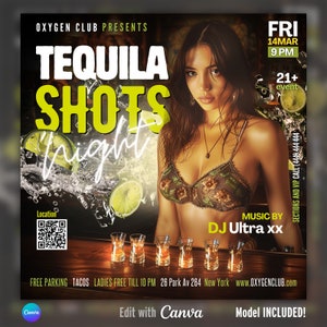 May include: A flyer for a Tequila Shots Night event at Oxygen Club. The flyer features a woman in a floral bra, a shot glass, limes, and the text "Tequila Shots Night". The event is on Friday, March 14th at 9 PM. The flyer also includes the text "Free Parking", "Tacos", "Ladies Free Till 10 PM", "26 Park Av 264 New York", and "www.OXYGENCLUB.com".