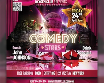 Könnte beinhalten: Ein pinkfarbener und schwarzer Flyer mit einem Mikrofon und einem goldenen Stern. Der Flyer wirbt für eine Comedy-Show mit John Johnson. Die Show findet am Freitag, den 24. April um 21 Uhr in der 124 West Avenue in New York statt. Der Flyer erwähnt auch kostenlose Parkplätze, Essen und Getränke-Specials.