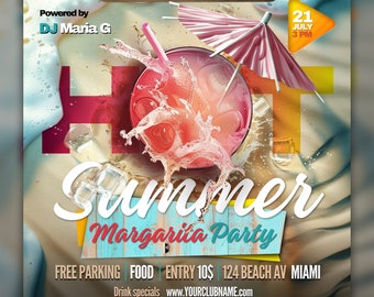 May include: A colorful flyer advertising a "Hot Summer Margarita Party" at a club called "YOURCLUB". The flyer features a glass of margarita with a straw and ice cubes, a beach umbrella, and the text "Powered by DJ Maria G" and "21 July 3 PM".