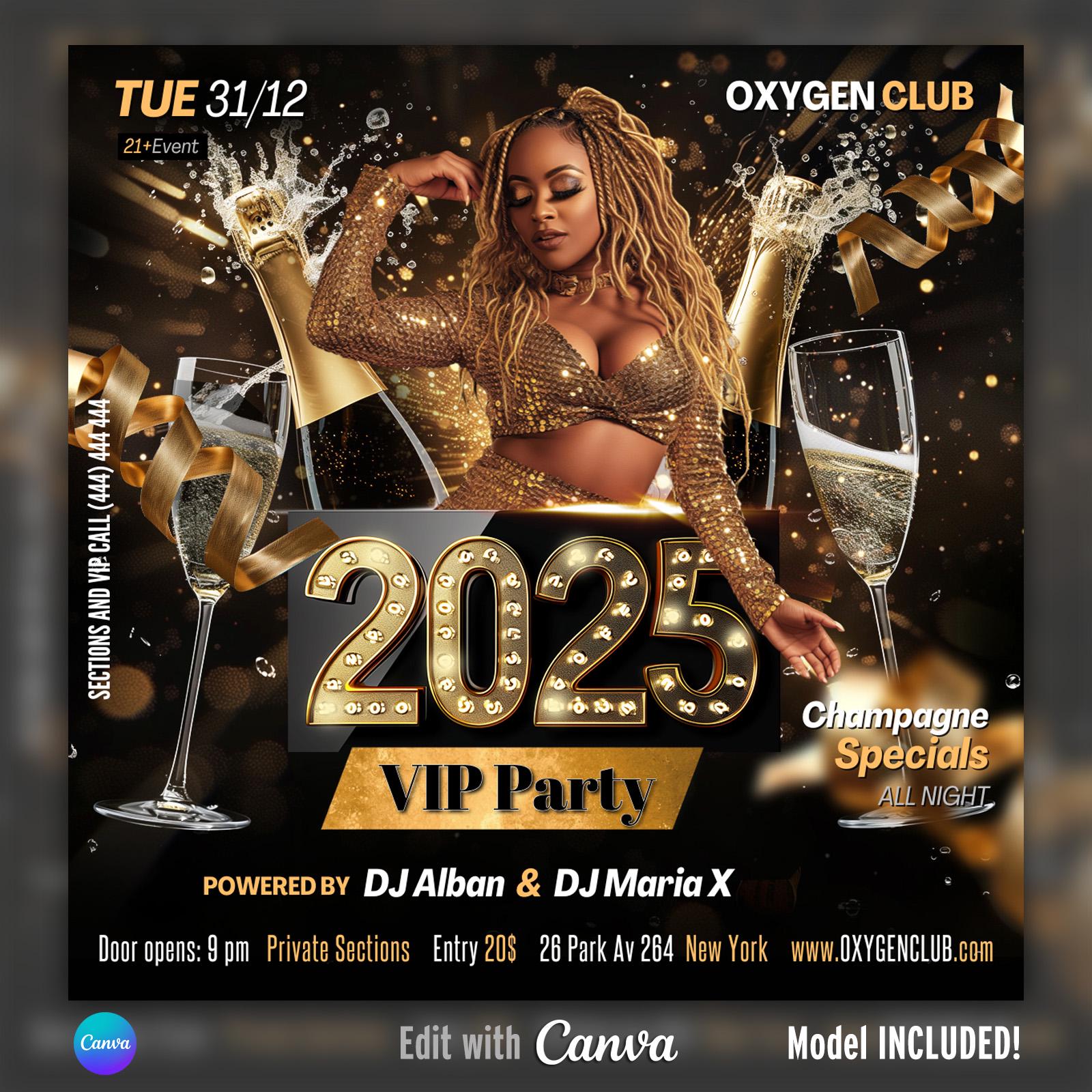 EDITABLE Canva Flyer, Club, New Year 2025 VIP Party, New Year's Eve, Event Flyer, NYE Invitation, 2025 celebration, Dj party ,  diy template