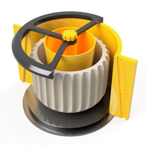 Pode incluir: Design abstrato renderizado em 3D com uma estrutura cilíndrica amarela e branca e uma alça preta. O design inclui um interior amarelo, um exterior branco com nervuras e uma base preta. O texto "LAO LEAF DESIGN" é visível em um painel lateral amarelo.