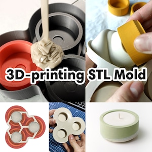 May include: A 3D printed mold for making candles. The mold is made of a light gray plastic and has a variety of shapes. The mold is being filled with a clear liquid. The image also shows a finished candle made with the mold.