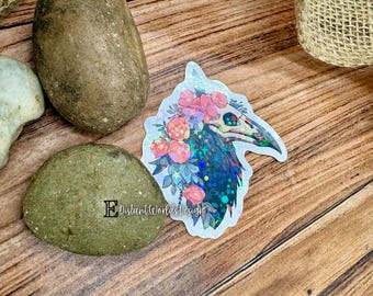 Pegatina holográfica con forma de calavera y cuervo con purpurina, estilo cottagecore, resistente a la intemperie